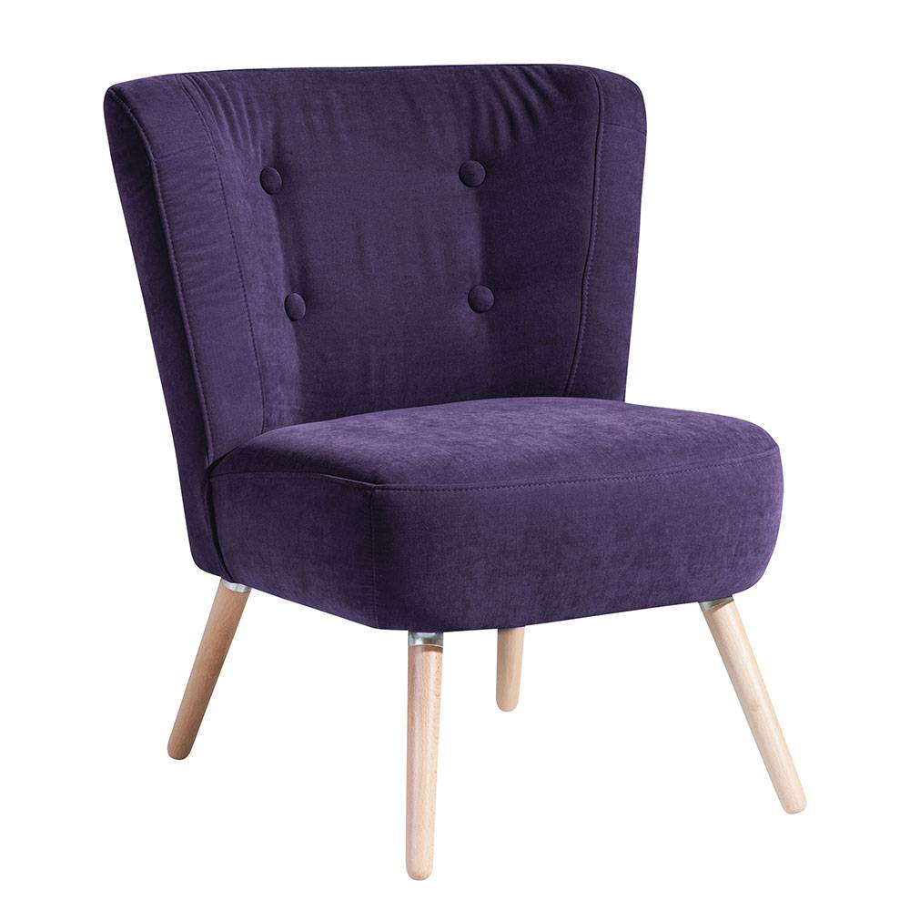 Velours Sessel Retro in Violett Vierfußgestell aus Buche günstig online kaufen