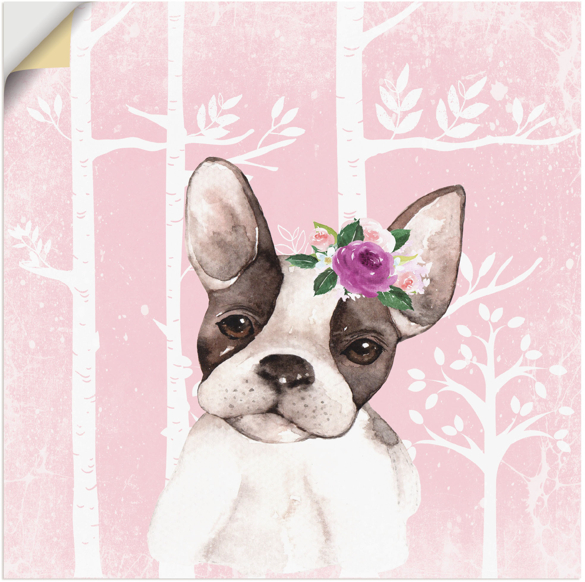 Artland Wandbild »Mops Hund mit Blumen im pink Wald«, Tiere, (1 St.), als P günstig online kaufen