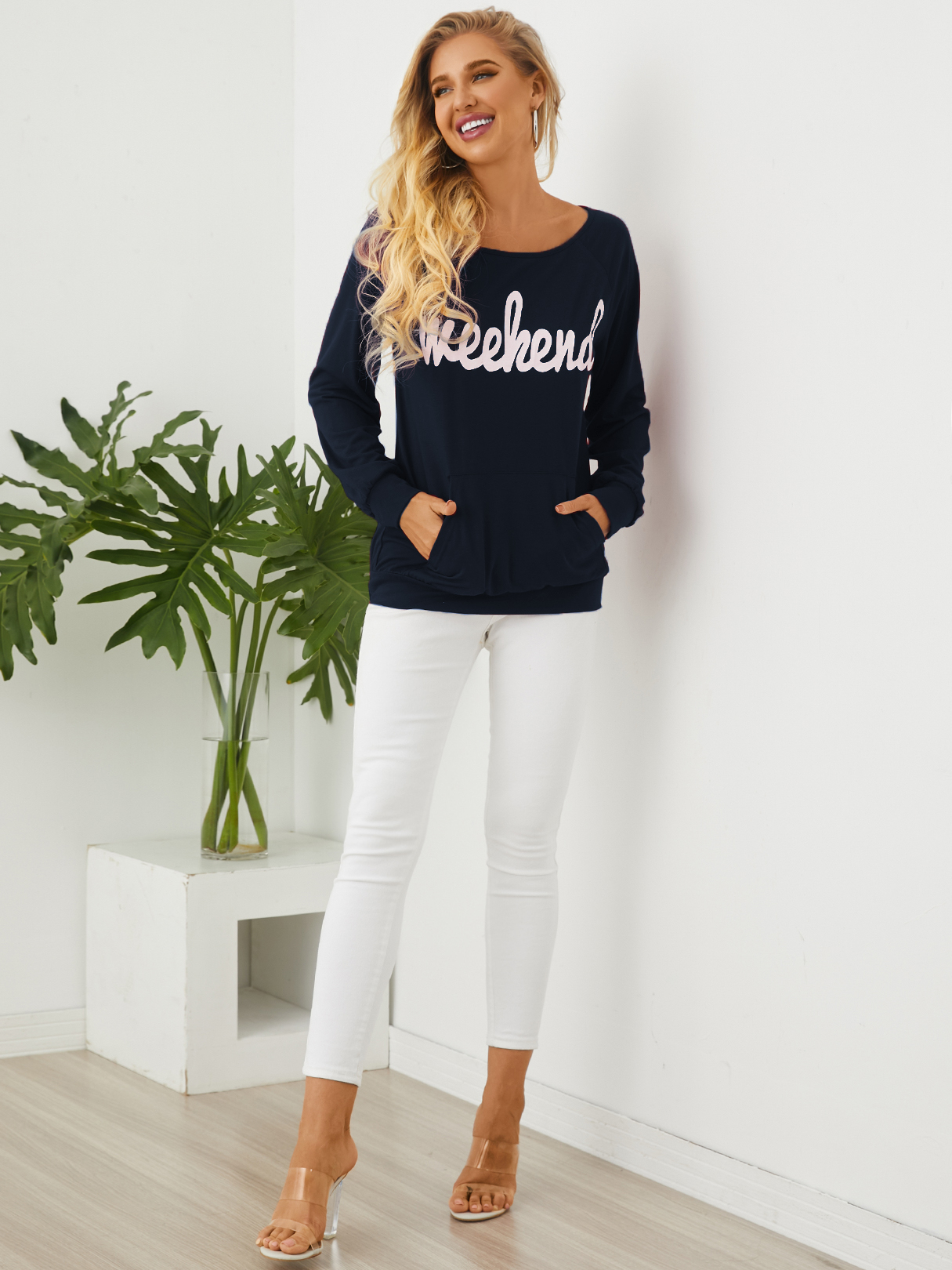YOINS Navy Letter One Schulterseitentaschen Sweatshirt günstig online kaufen