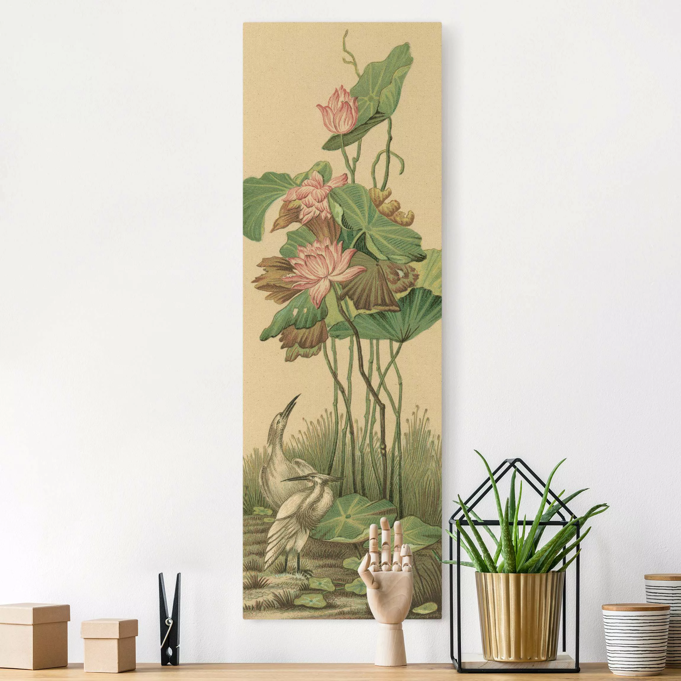 Leinwandbild auf Naturcanvas Weiße Kraniche unter Lotusblüten günstig online kaufen