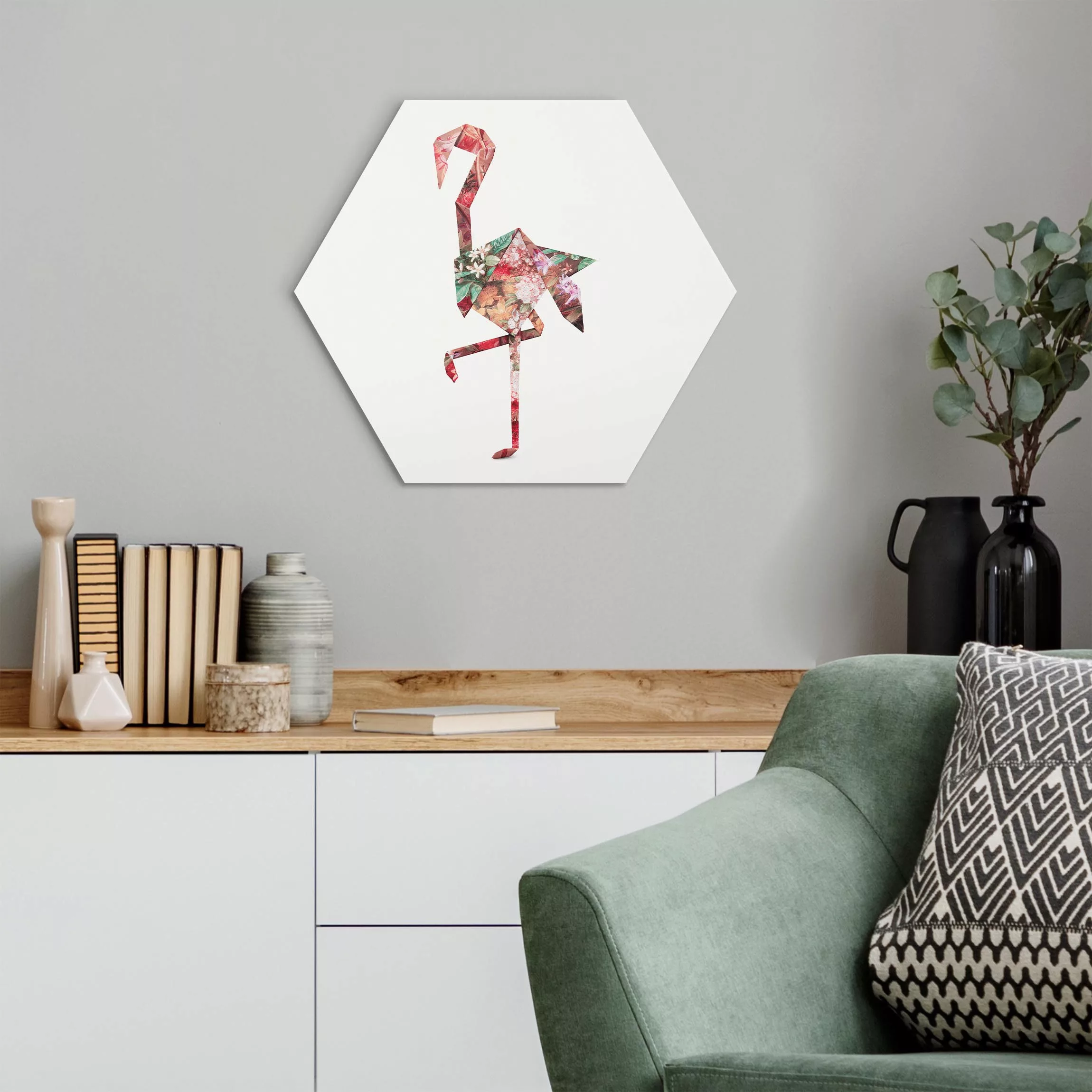 Hexagon-Alu-Dibond Bild Origami Flamingo günstig online kaufen