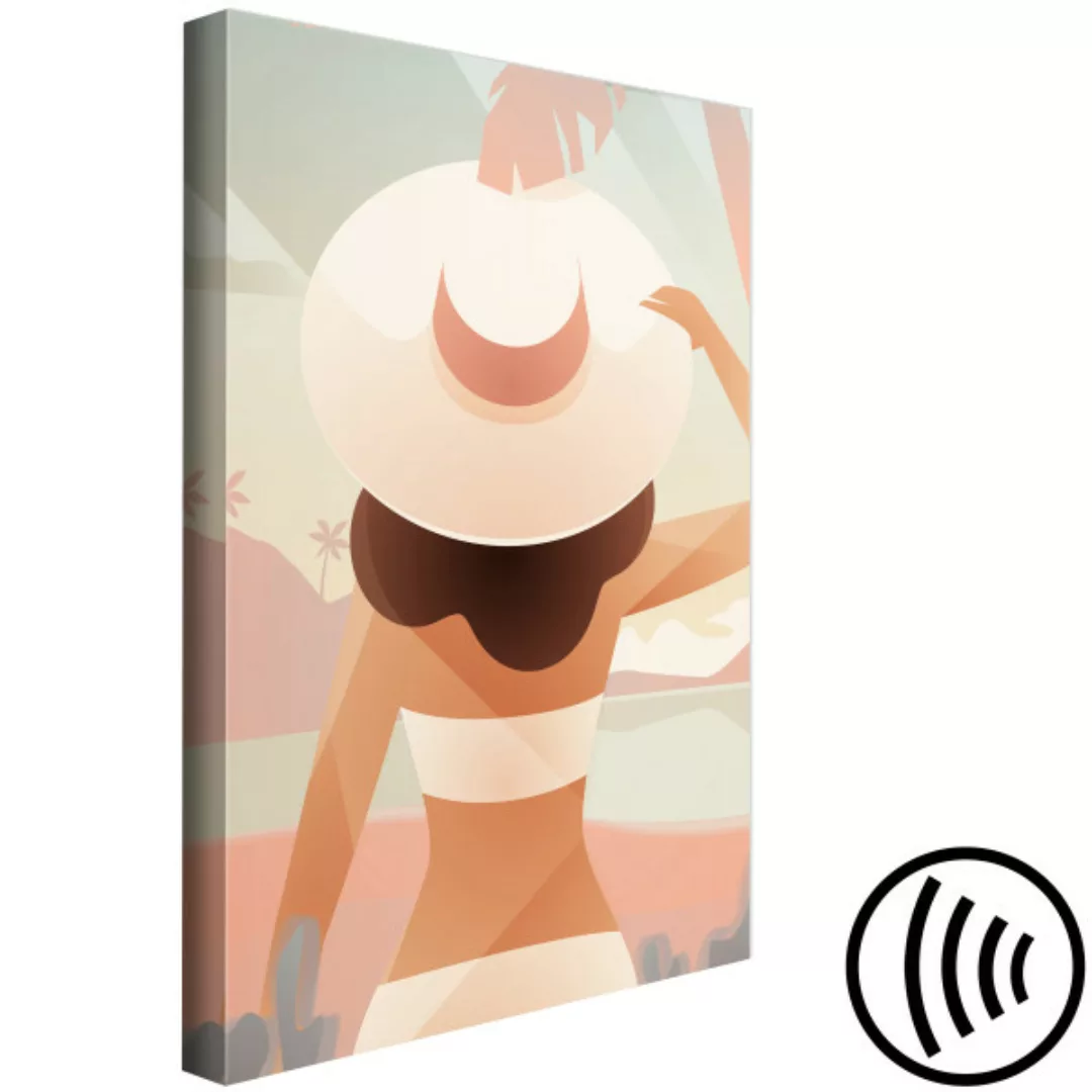 Bild auf Leinwand Mädchen in einem Hut am Strand - Grafik mit Meer, Frau un günstig online kaufen