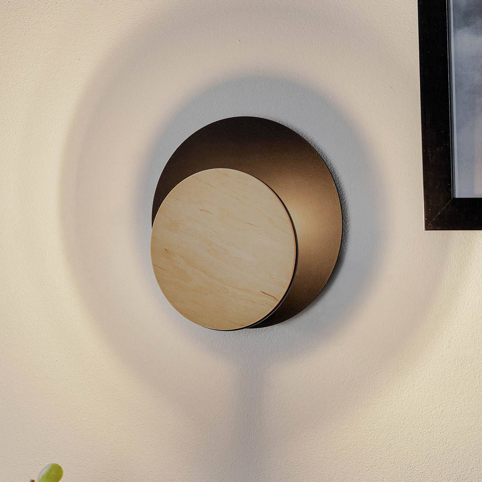 Wandlampe Circle in Schwarz mit Holz-Dekorplatte günstig online kaufen