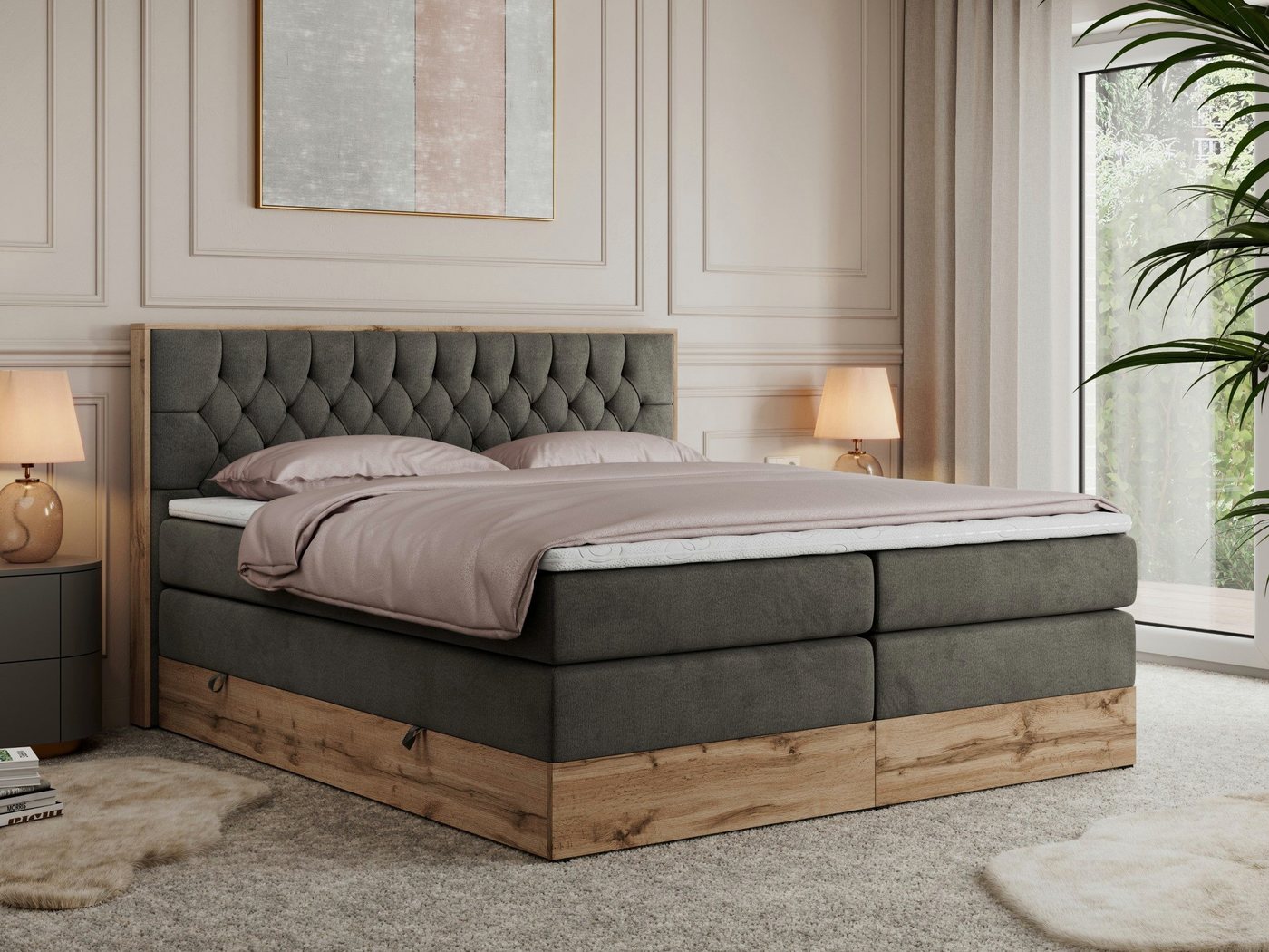 DB-Möbel Boxspringbett "KING LETTO" (Holzrahmen in Eiche-Optik, Topper T-25 günstig online kaufen