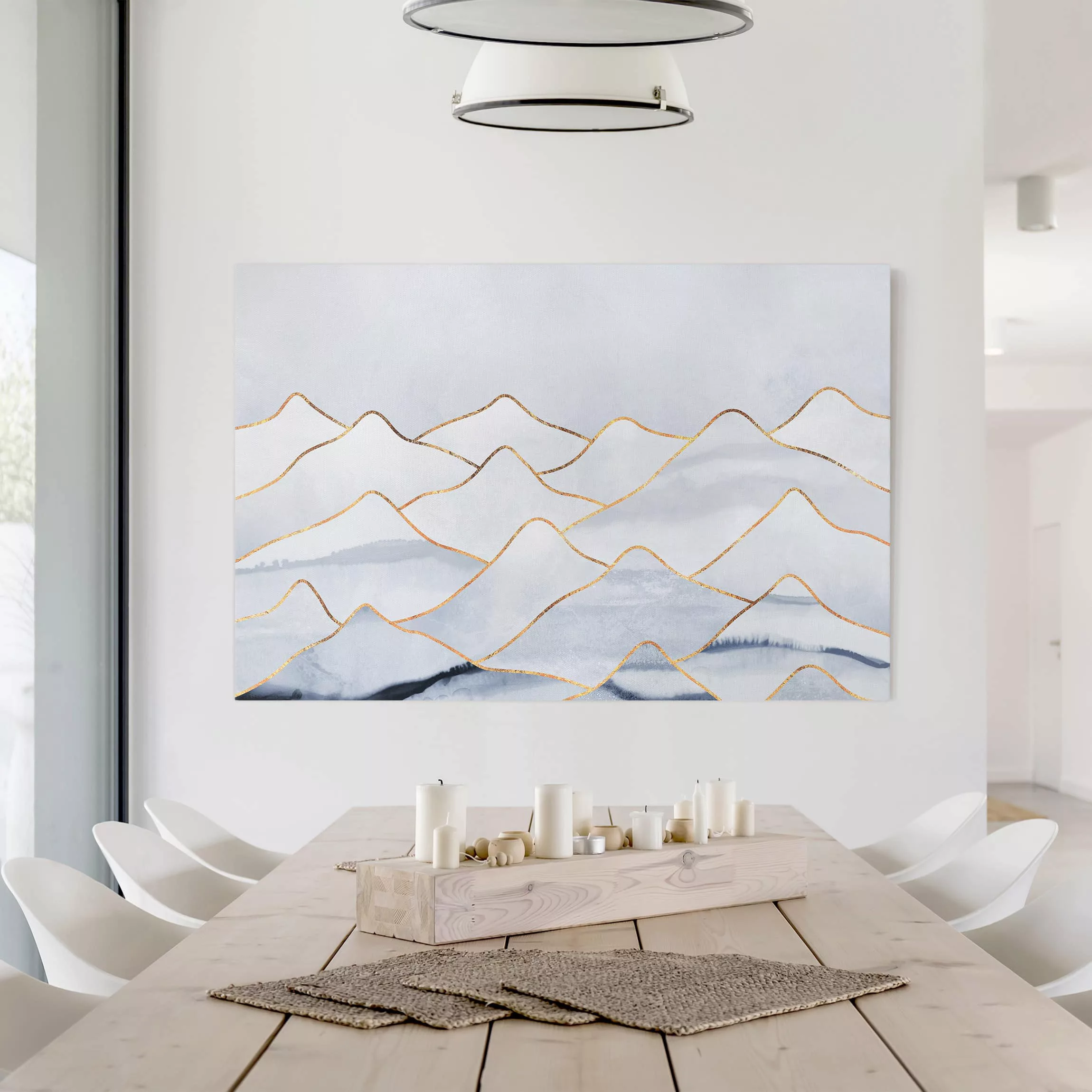 Leinwandbild Abstrakt - Querformat Aquarell Berge Weiß Gold günstig online kaufen
