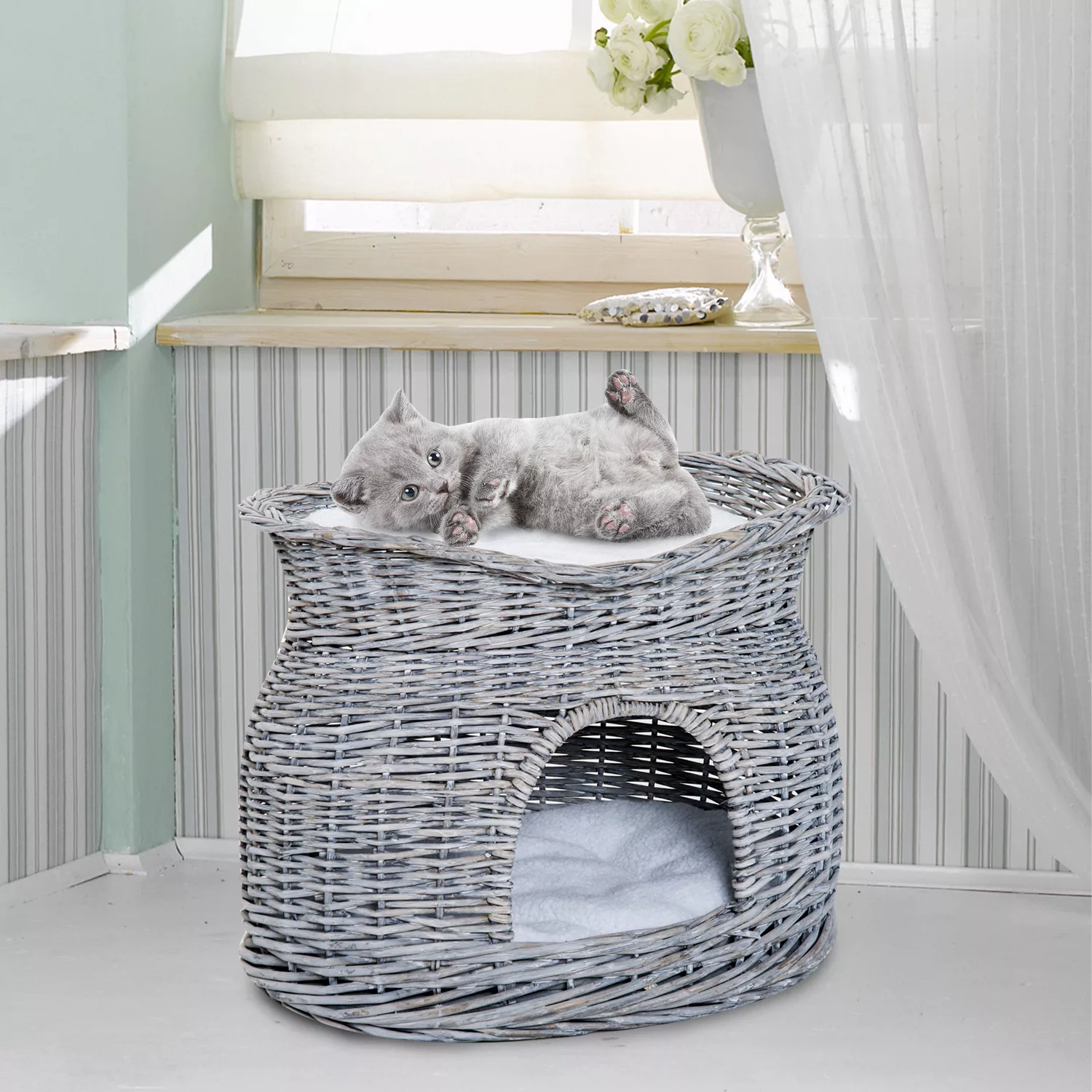 PawHut Rattan Katzenkorb  Elegante Katzenhütte mit Kissen und Liegedach, Ha günstig online kaufen