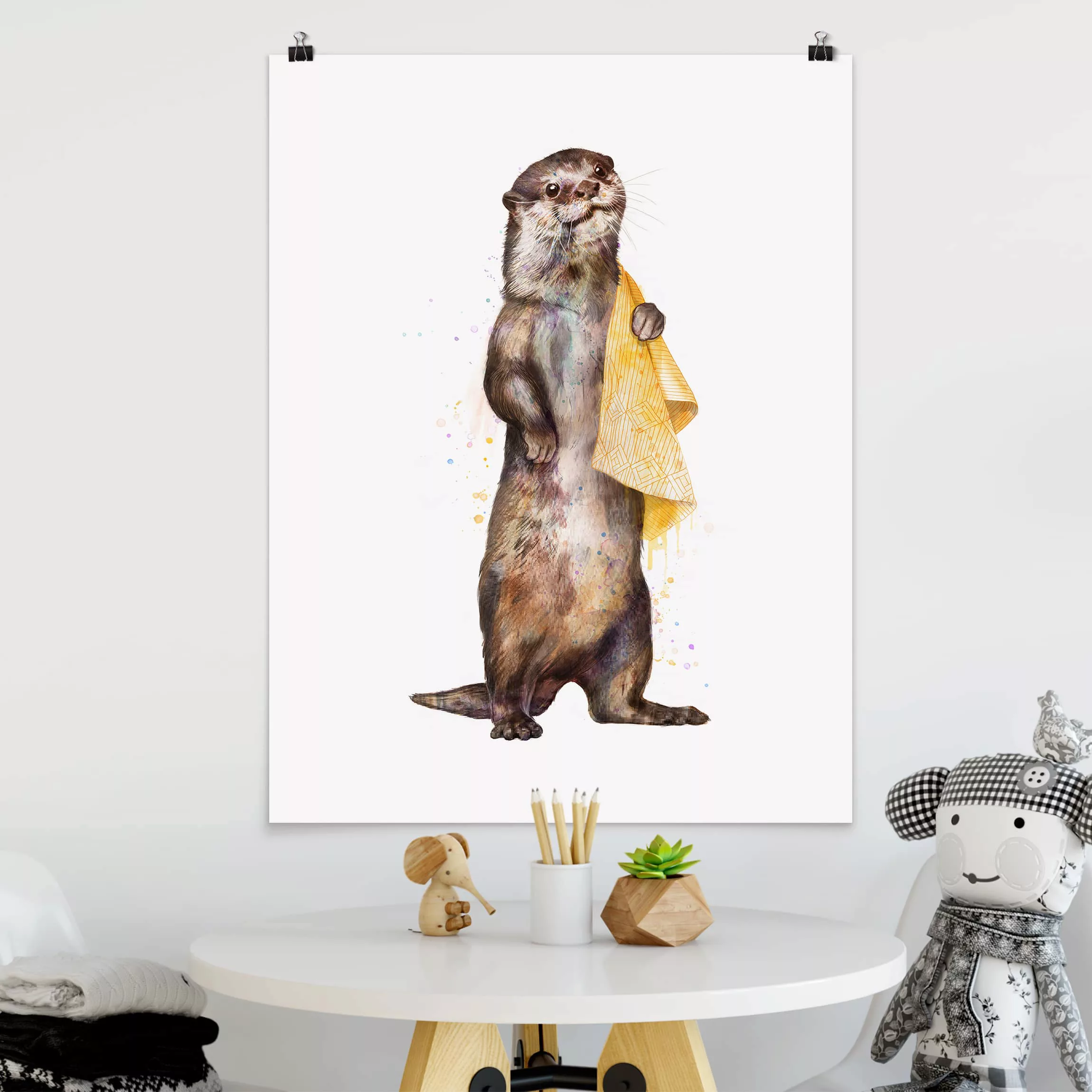 Poster Tiere - Hochformat Illustration Otter mit Handtuch Malerei Weiß günstig online kaufen