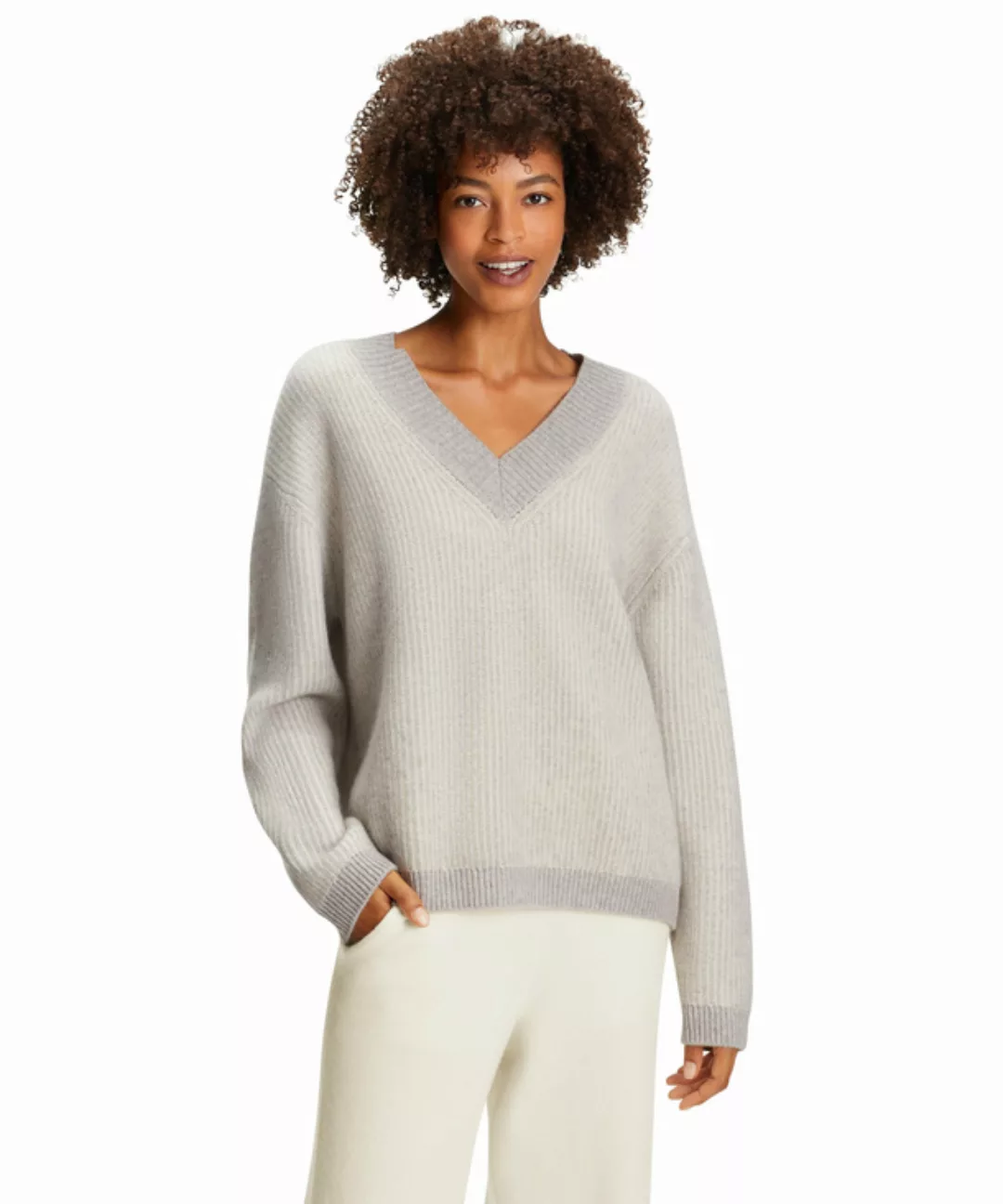 FALKE Damen Pullover V-Ausschnitt, XS, Grau, Rippe, Kaschmir, 64171-384501 günstig online kaufen