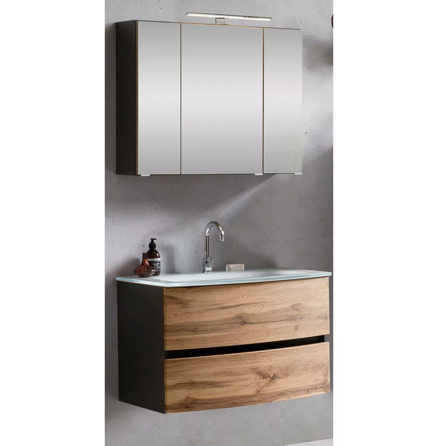 Lomadox Badezimmer Waschtisch Set in Graphitgrau mit Wotaneiche Nb. LAURIA- günstig online kaufen