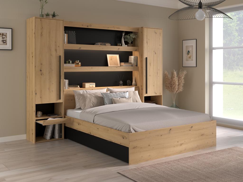 Bett mit Stauraum & LEDs - 140 x 190/200 cm - Holzfarben & Schwarz - VARLY günstig online kaufen