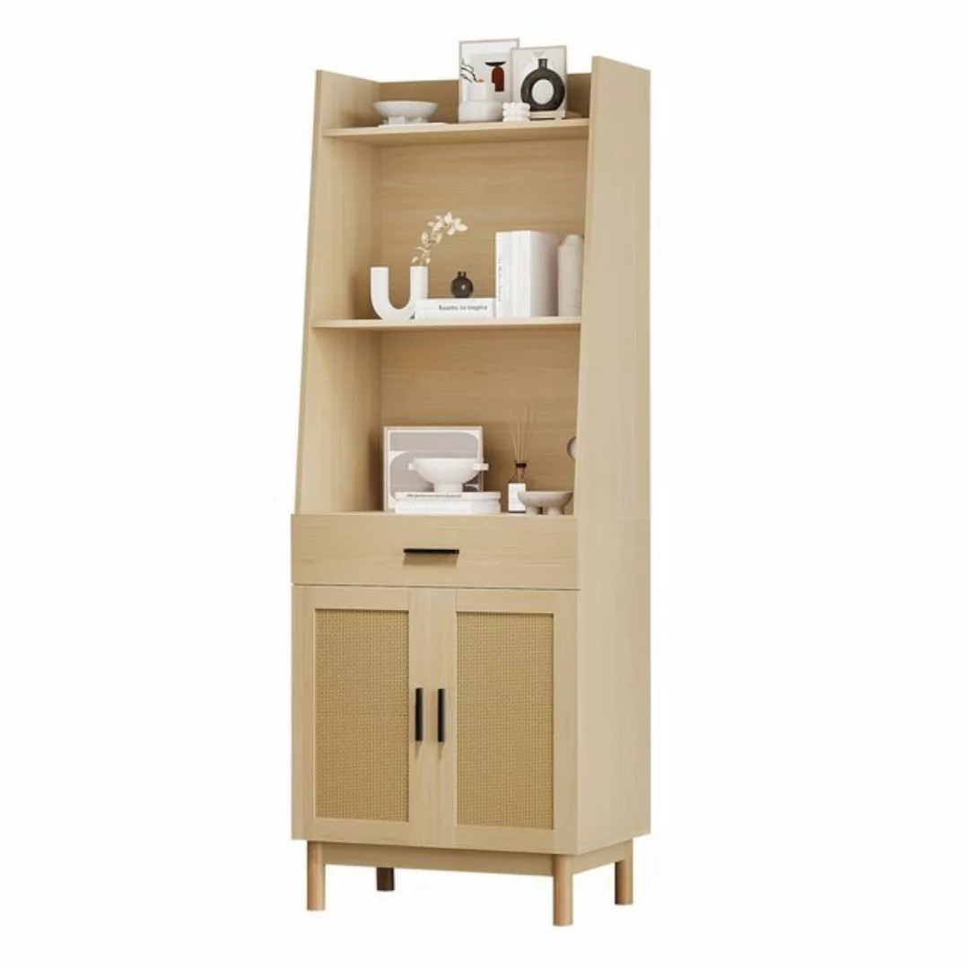 Fine Life Pro Hochschrank 180.5 cm hohe eichenfarbene Vitrine mit 2 Rattant günstig online kaufen