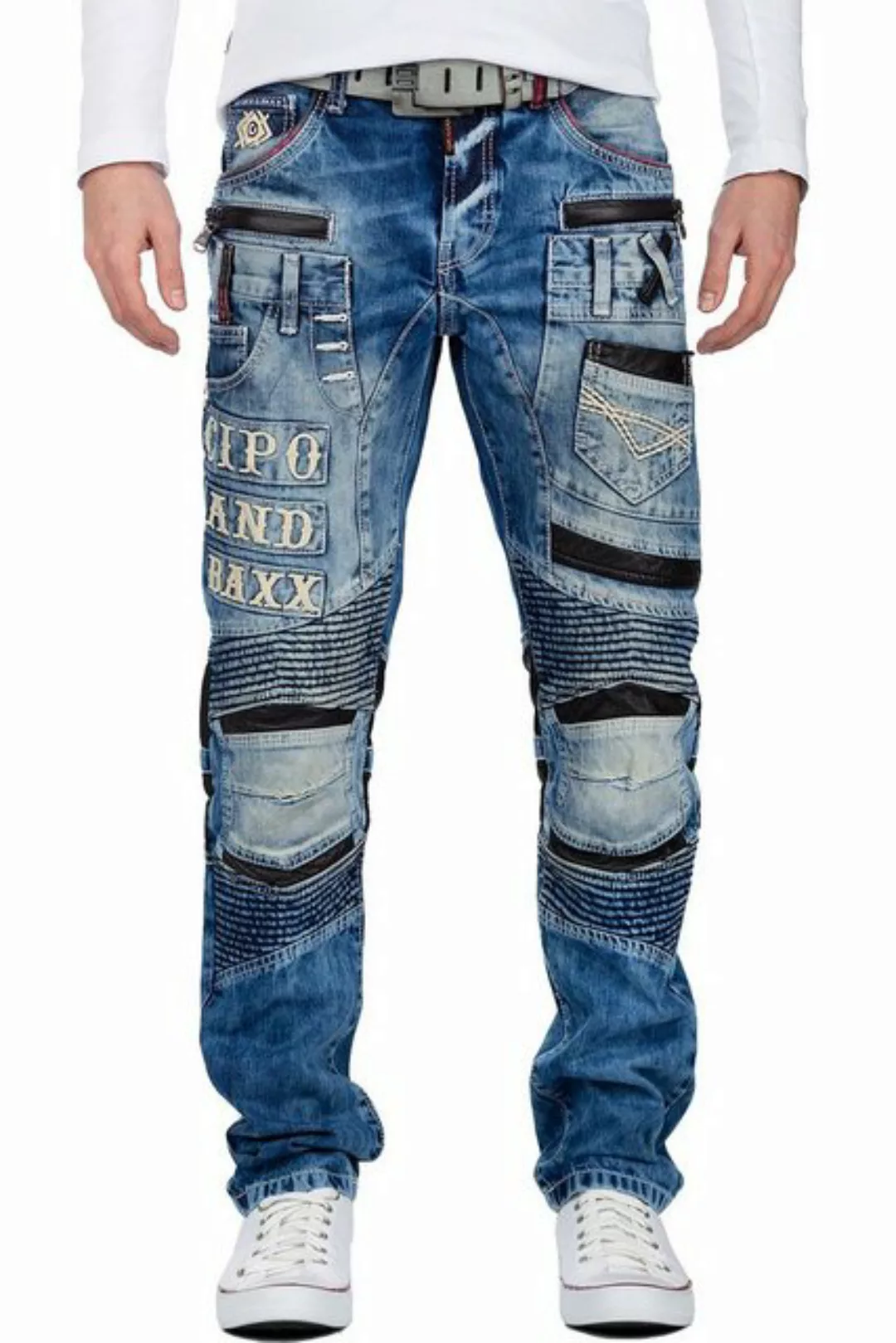 Cipo & Baxx Bikerjeans Biker Style BA-CD637 mit Kunstleder Hosen Bereichen günstig online kaufen