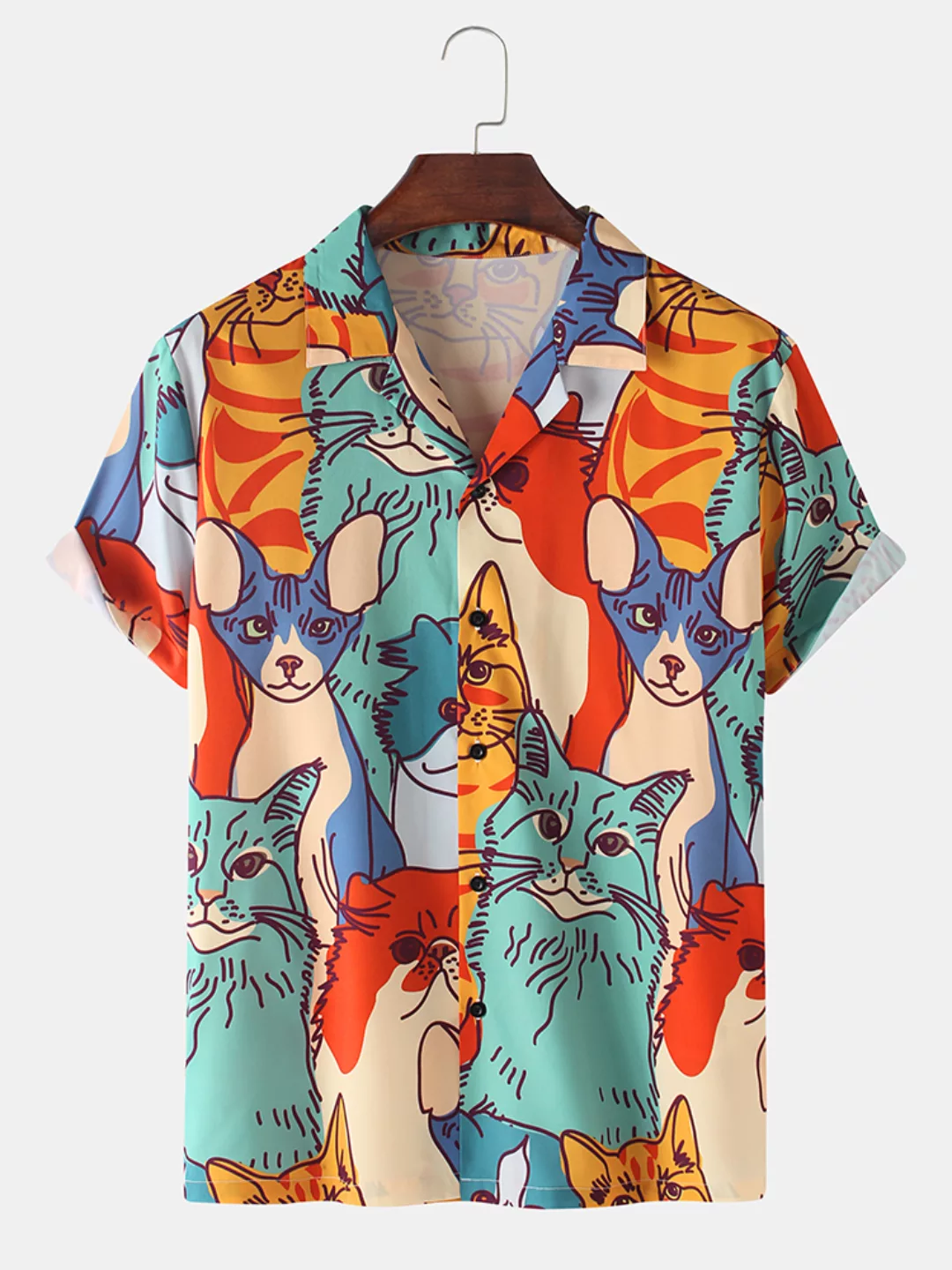 Mens Multi-Color Katze Print Loose Light Lässige Kurzarmhemden günstig online kaufen