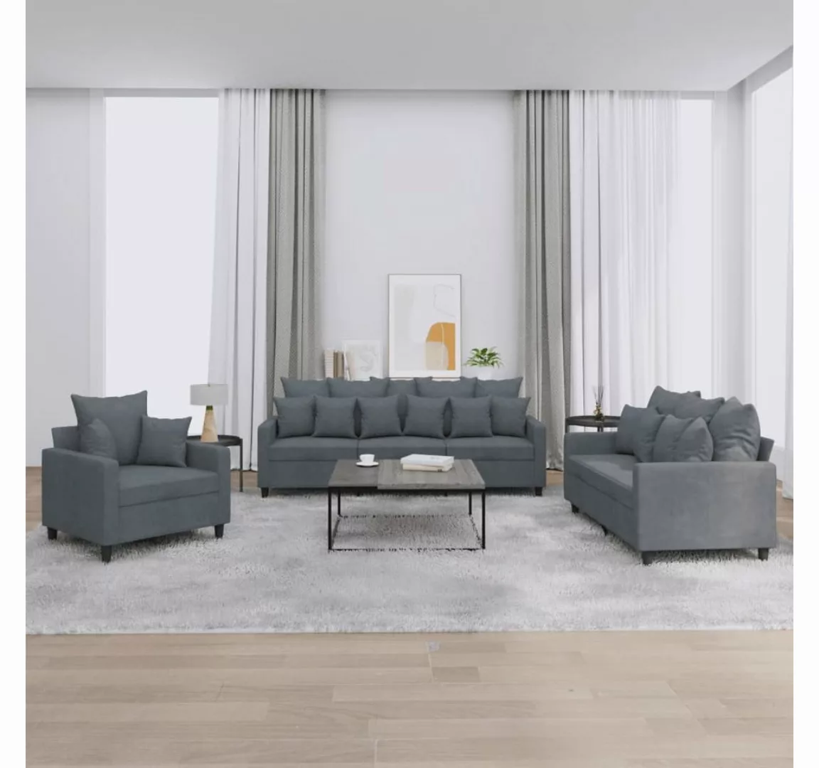 vidaXL Sofa Sofagarnitur Set mit Kissen Stoff, 3-tlg., Dunkelgrau günstig online kaufen