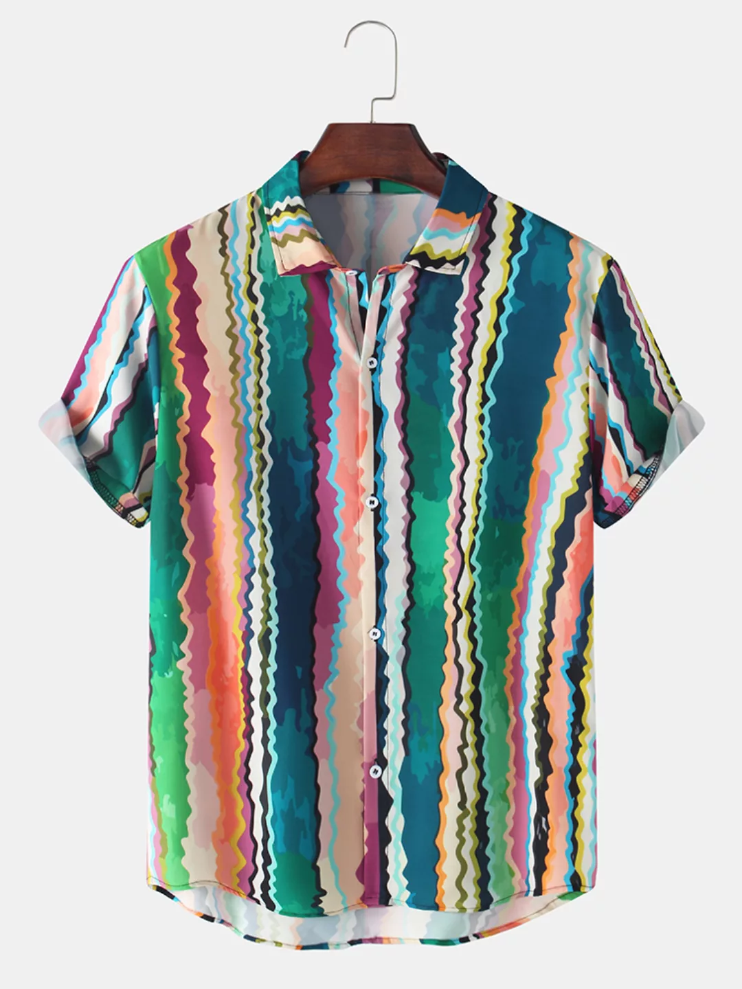 Mens Colorful Stripes Print Tie Dye Atmungsaktive lose Kurzarmhemden günstig online kaufen