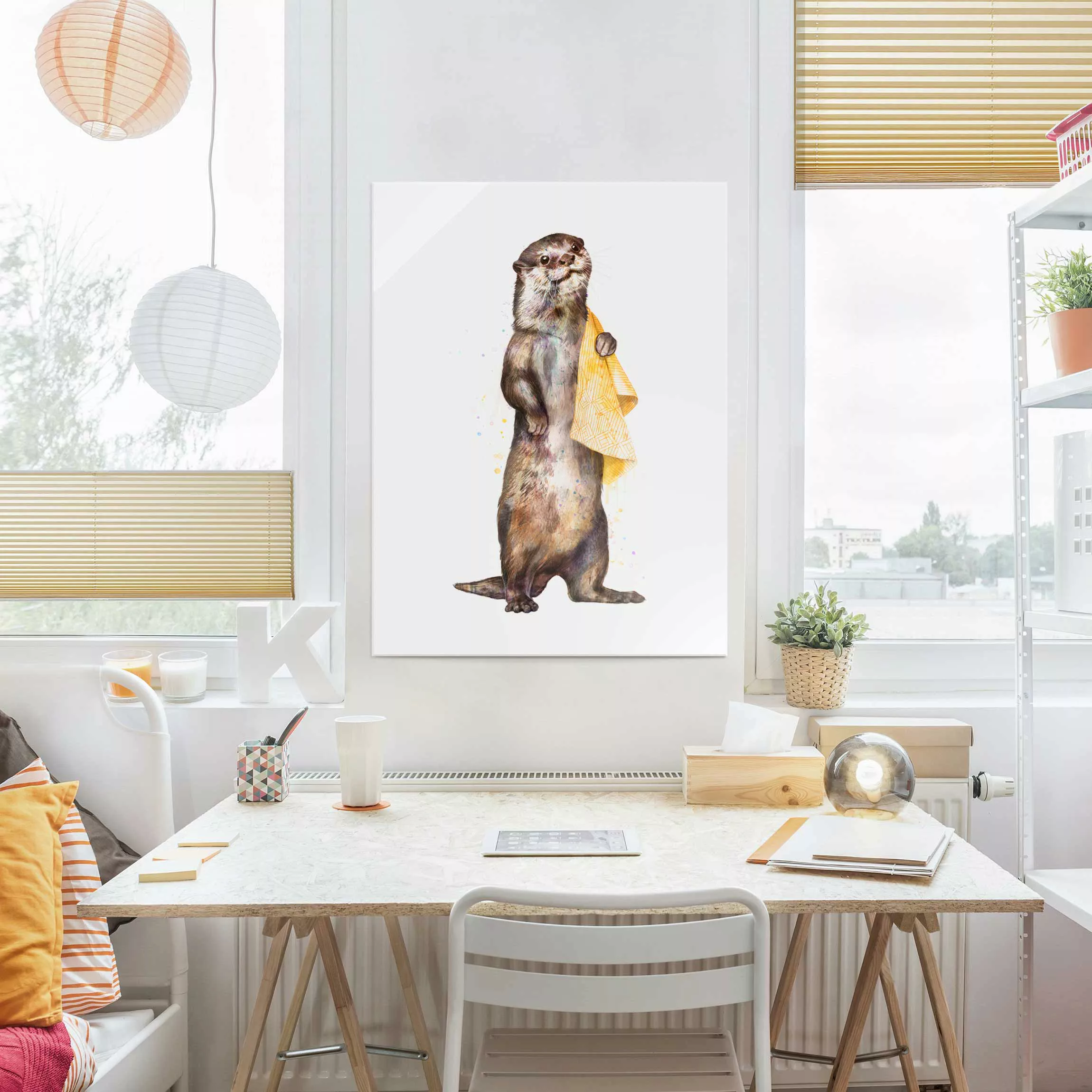 Glasbild - Hochformat Illustration Otter mit Handtuch Malerei Weiß günstig online kaufen