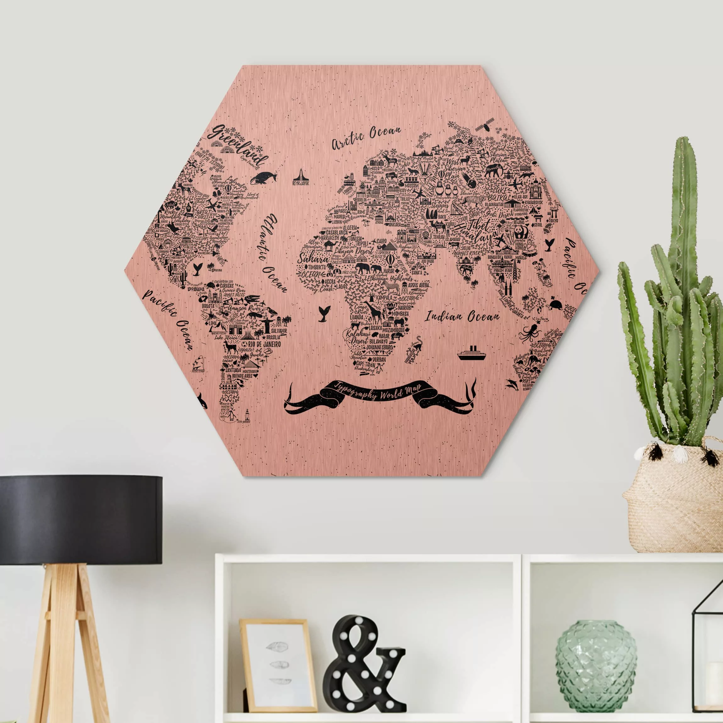 Hexagon-Alu-Dibond Bild Spruch Typografie Weltkarte weiß günstig online kaufen