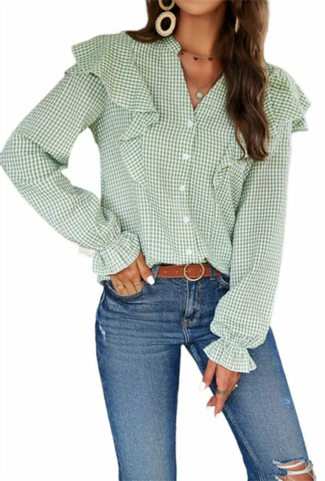ZWY Langarmbluse Kariertes Damenhemd mit V-Ausschnitt und geknöpftem Langar günstig online kaufen