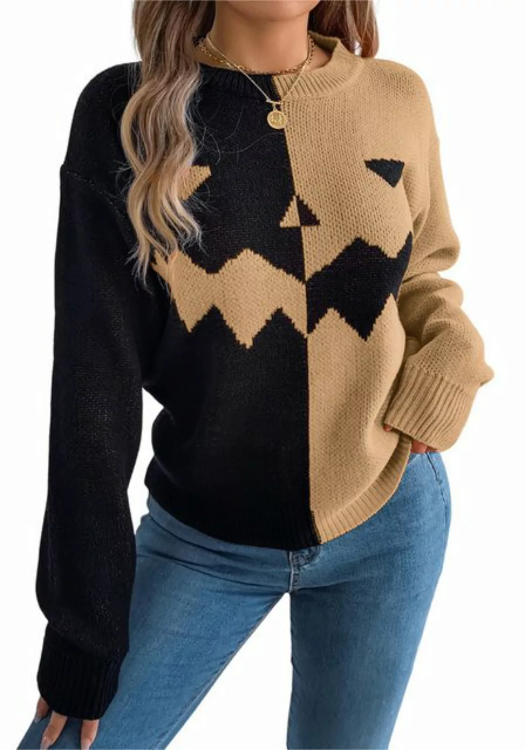 Mayou Strickpullover Damen Lustig Halloween Strickpullover Kontrast Farbe P günstig online kaufen