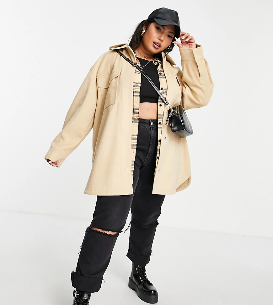 ASOS DESIGN Curve – Gebürstete Hemdjacke in Kamelbraun mit Kapuze-Grau günstig online kaufen