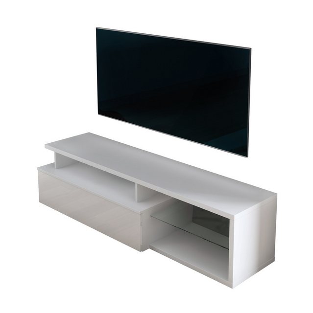 Furnix TV-Schrank Kabinett Golda Kommode mit Schrank und Glas-Regal Weiß 16 günstig online kaufen