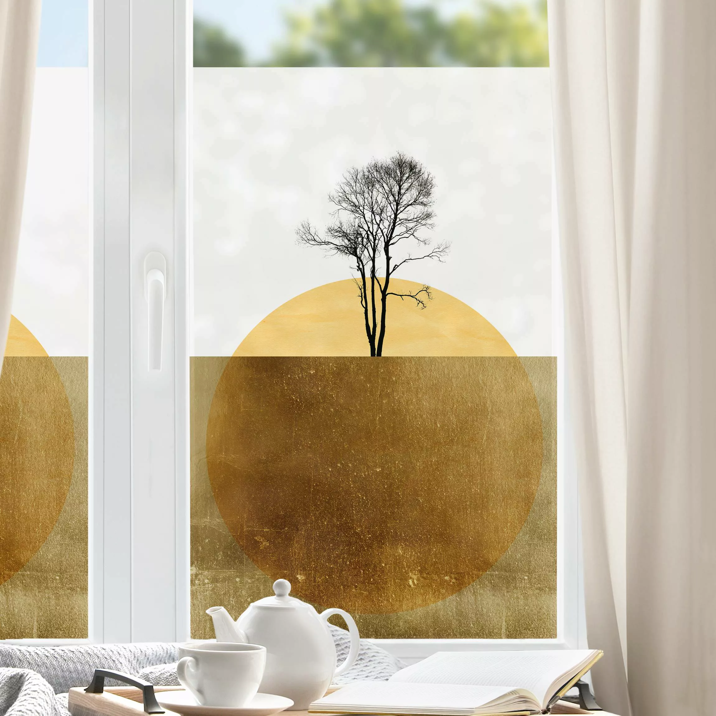 Fensterfolie Goldene Sonne mit Baum günstig online kaufen