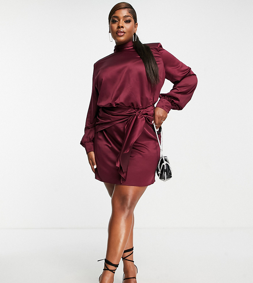 ASOS DESIGN Curve – Hochgeschlossenes Minikleid in Weinrot mit Schärpendeta günstig online kaufen