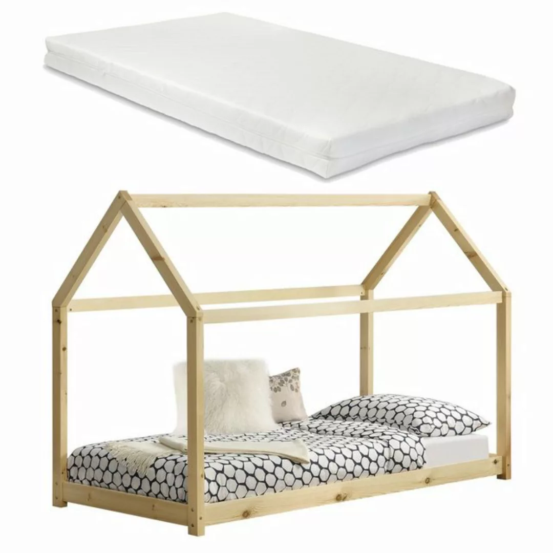 en.casa Kinderbett, »Netstal« Hausbett mit Kaltschaummatratze 90x200cm Natu günstig online kaufen