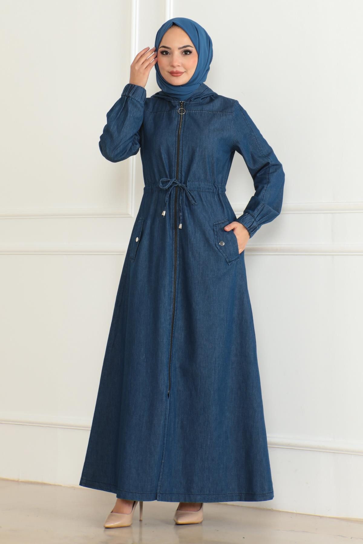 MODAMİHRAM Maxikleid Dunkelblaue Denim-Tunika mit Schnürdetail günstig online kaufen