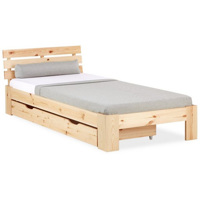 Homestyle4u Holzbett 90x200 Einzelbett mit Bettkasten Lattenrost Natur günstig online kaufen