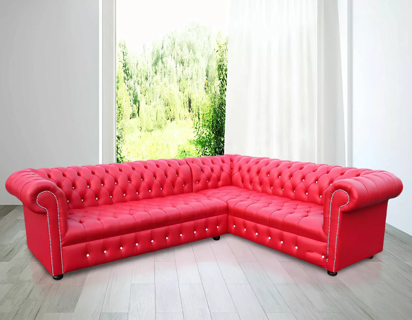 Xlmoebel Ecksofa Maßgefertigtes rotes Ecksofa Chesterfield 210x300cm aus Le günstig online kaufen