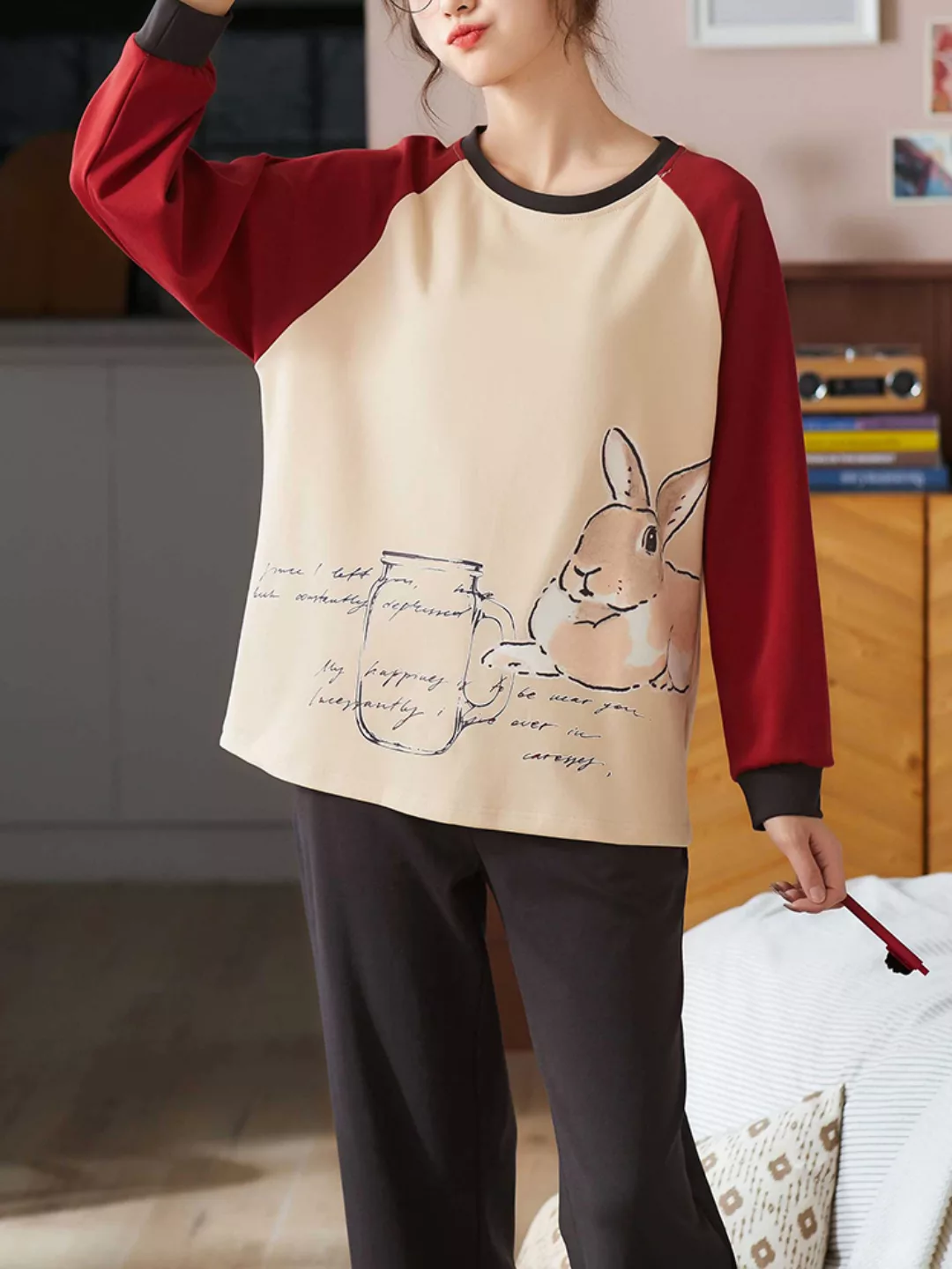 Damen Niedliche Pyjama-Sets aus Baumwolle mit rundem Hals und Kaninchendruc günstig online kaufen