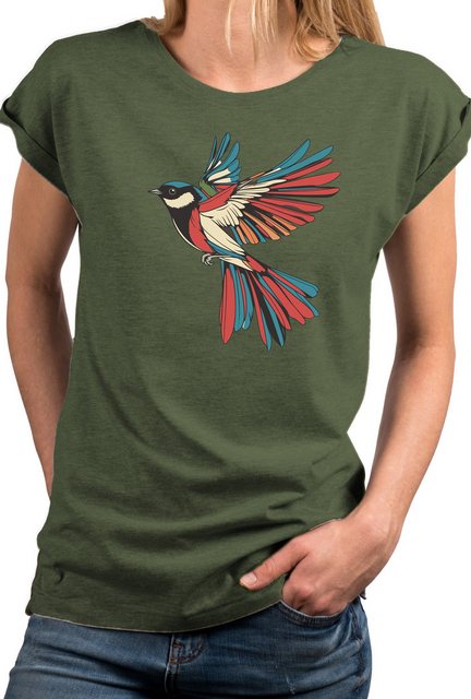 MAKAYA Kurzarmshirt für Frauen mit Vogel Print Vogelmotiv Maise Bunt Kolibr günstig online kaufen