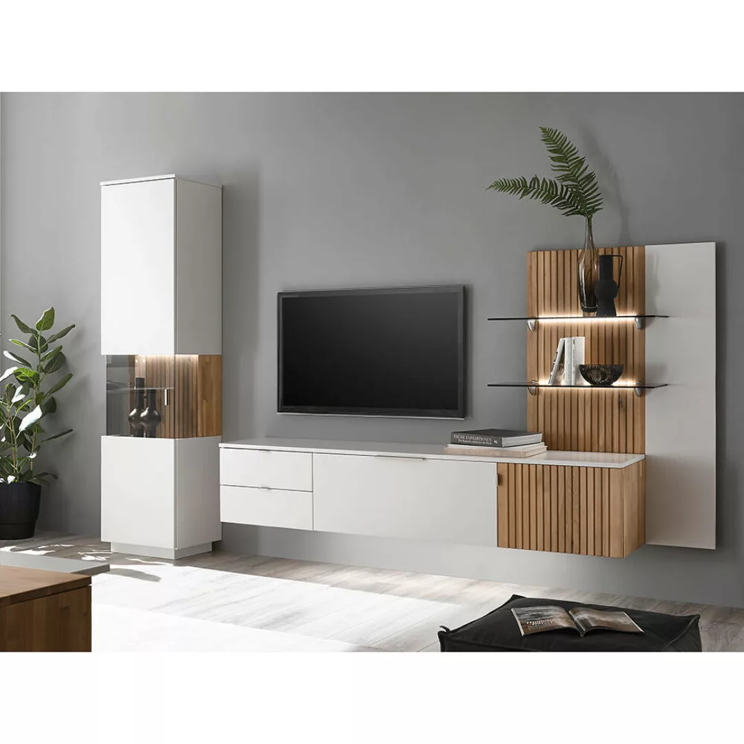 Wohnzimmermöbel Wohnwand modern 7-teilig weiß Eiche massiv bianco geölt LUC günstig online kaufen