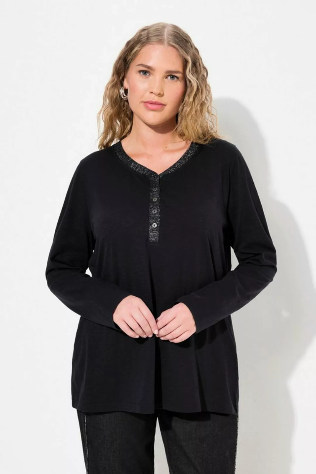 Ulla Popken Longsleeve Shirt Glitzer-Knopfleiste V-Ausschnitt Langarm günstig online kaufen