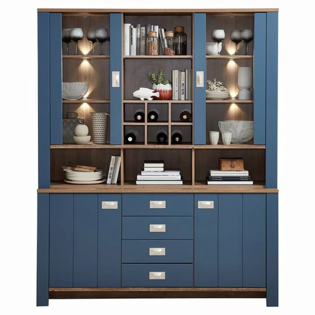 Buffetschrank Landhaus in blau DEVON-36 mit Details in Eiche Nb., inkl. LED günstig online kaufen