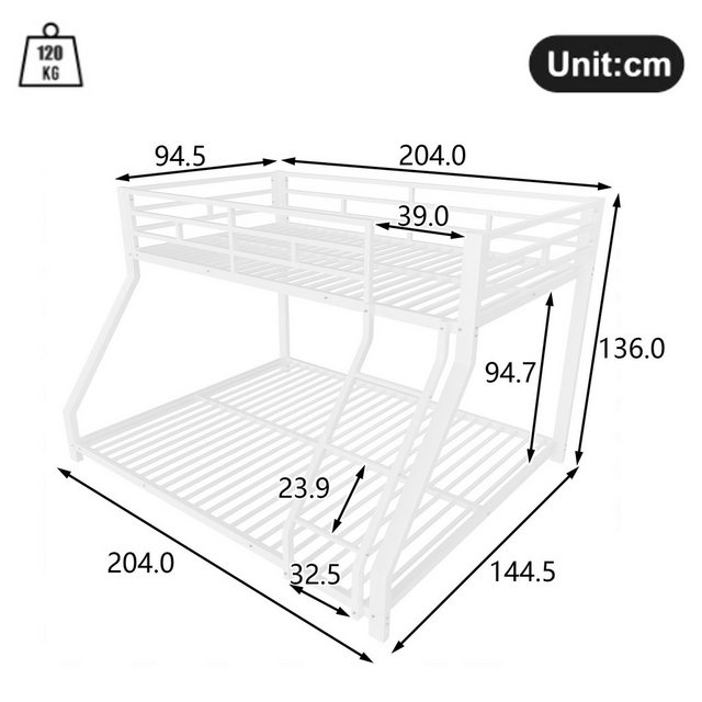 Flieks Etagenbett, Metallbett 90x200cm+140x200cm mit Schrägleiter und Gelän günstig online kaufen