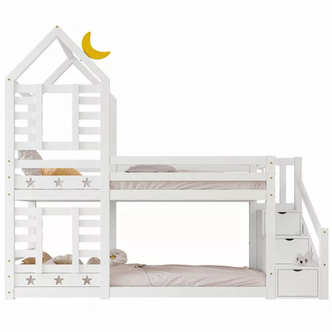 Flieks Etagenbett, Kinderbett Hausbett mit Stauraum unter der Treppe 90x200 günstig online kaufen