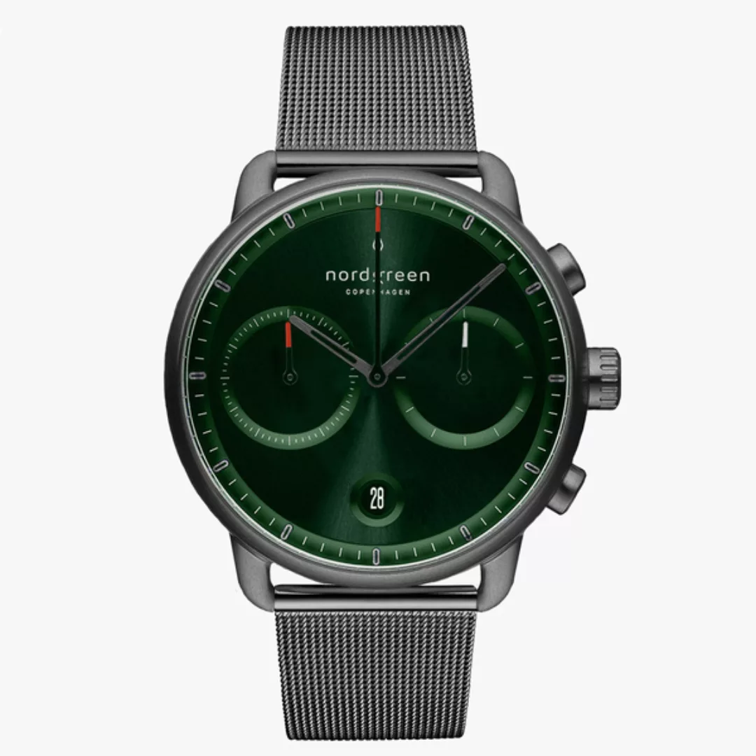Chronograph Pioneer Anthrazit Uhr | Green Sunray Ziffernblatt - Mesharmband günstig online kaufen