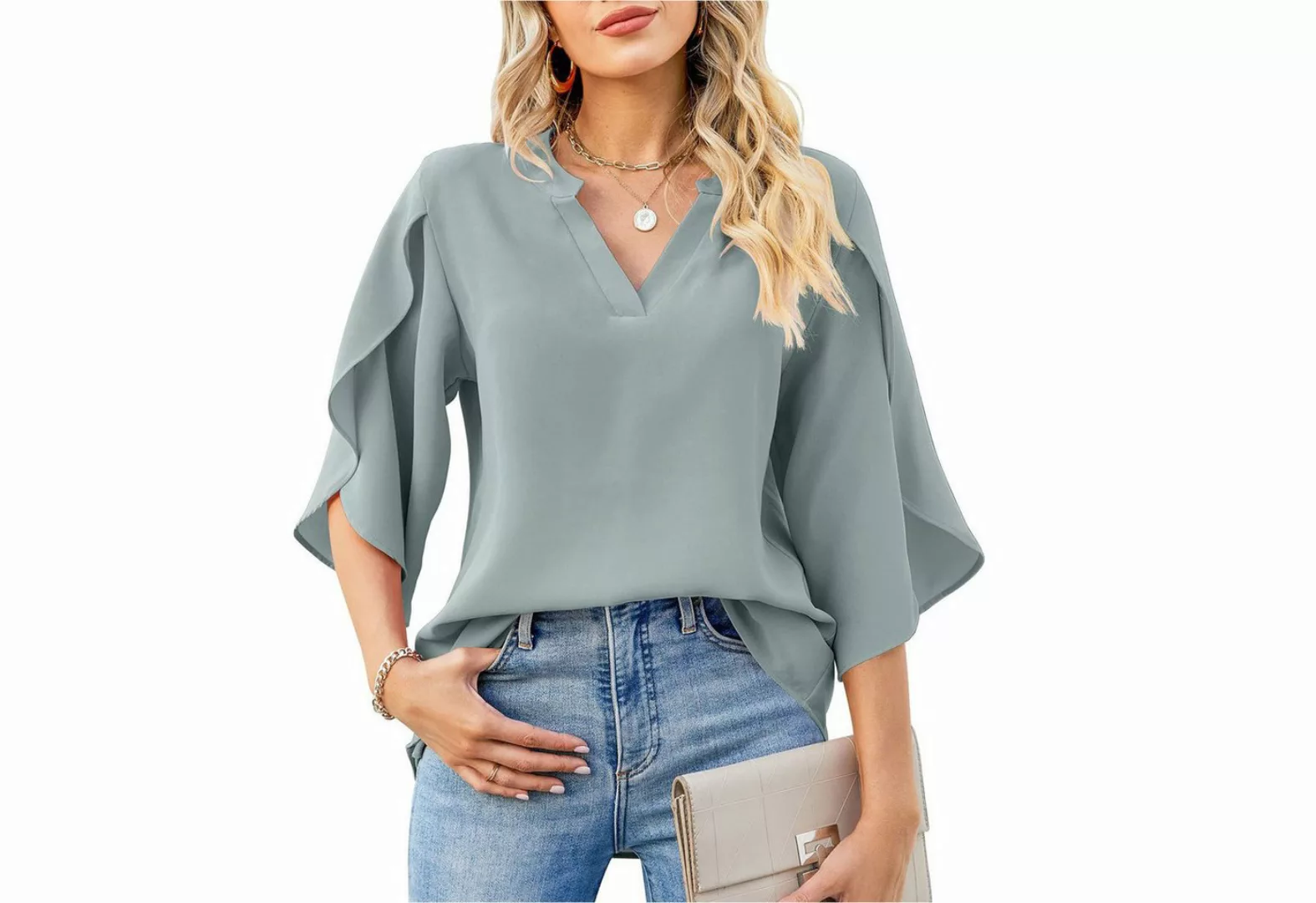 Zoclack Chiffonbluse Damen Chiffonshirt mit V-Ausschnitt und Rüschenärmeln günstig online kaufen