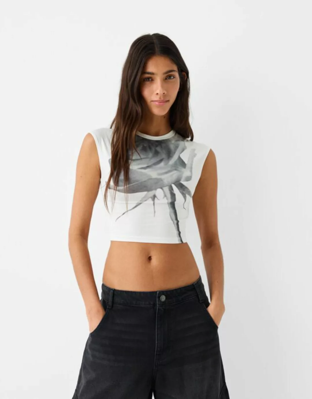 Bershka Cropped-T-Shirt Mit Print Damen L Grbrochenes Weiss günstig online kaufen