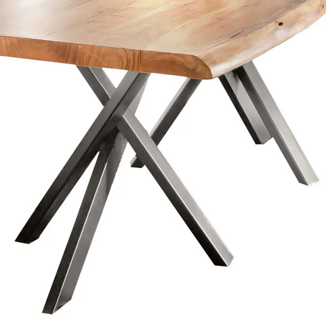 Baumkanten Esstisch aus Akazie Massivholz Stahl Silberfarben günstig online kaufen