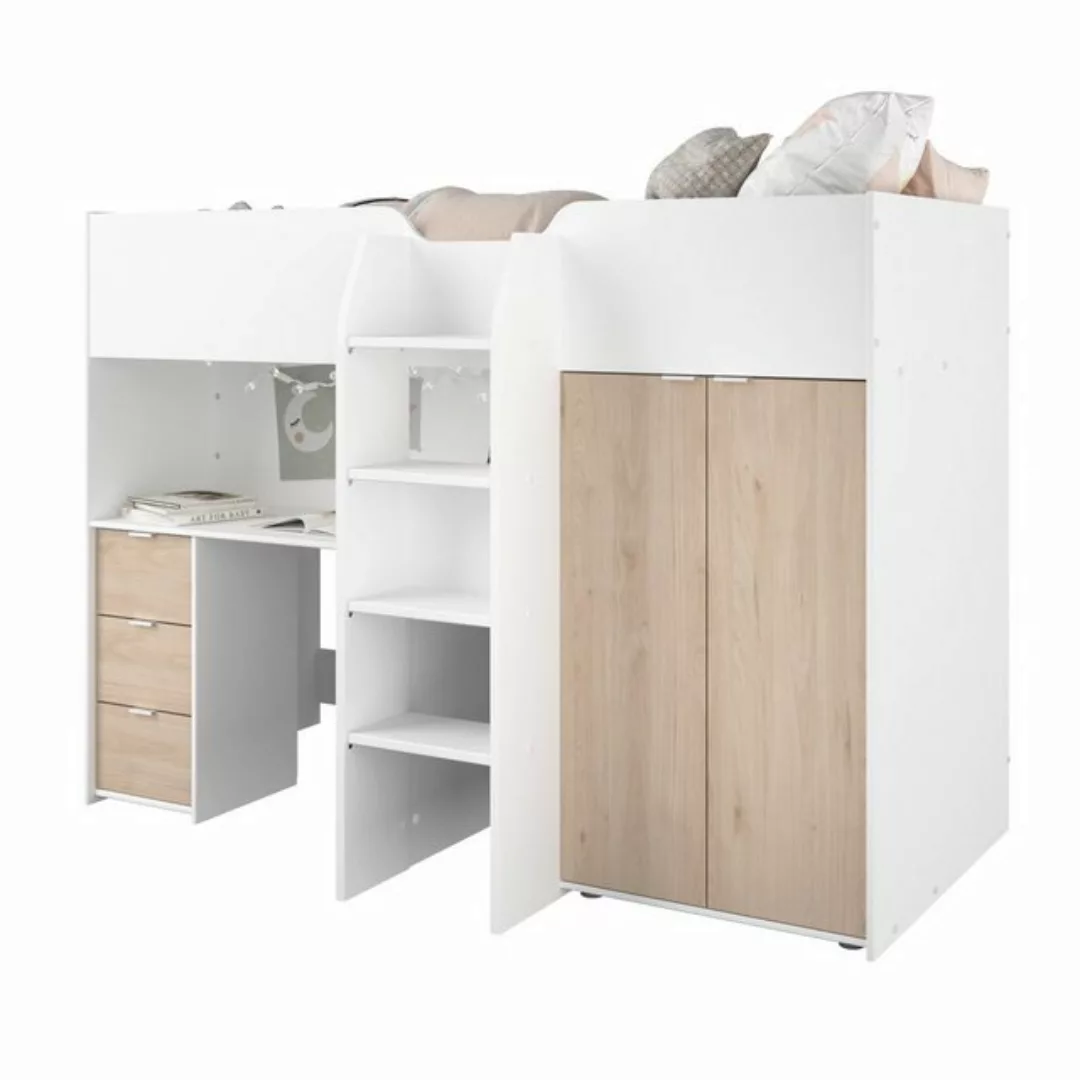 Parisot Hochbett in Jacksen Eiche / Weiss - 203x95x147cm (LxBxH) günstig online kaufen