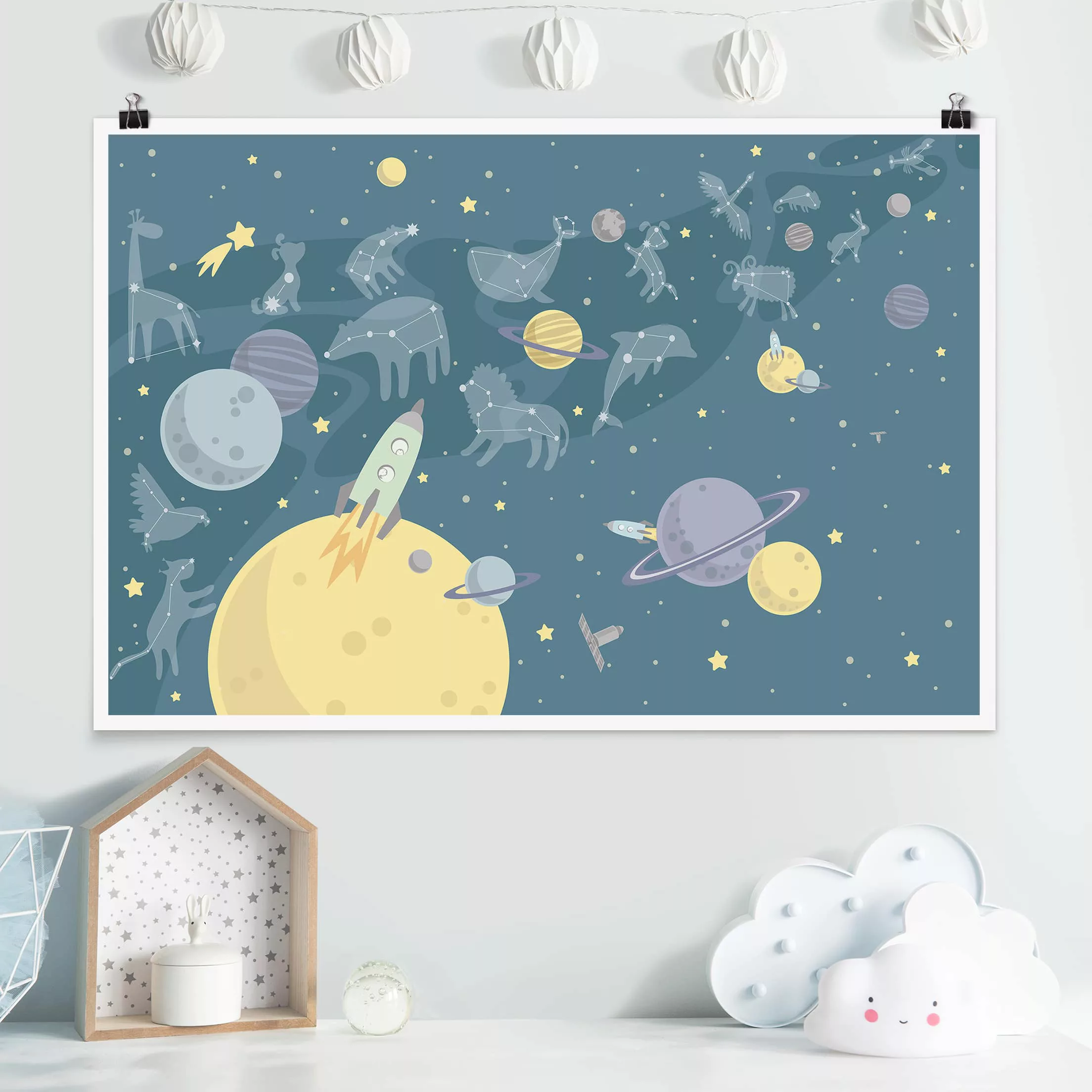 Poster Kinderzimmer - Querformat Planeten mit Sternzeichen und Raketen günstig online kaufen