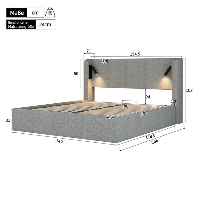 HAUSS SPOLE Polsterbett 140x190cm mit Stauraum, Beleuchtung, Holzlattenrost günstig online kaufen