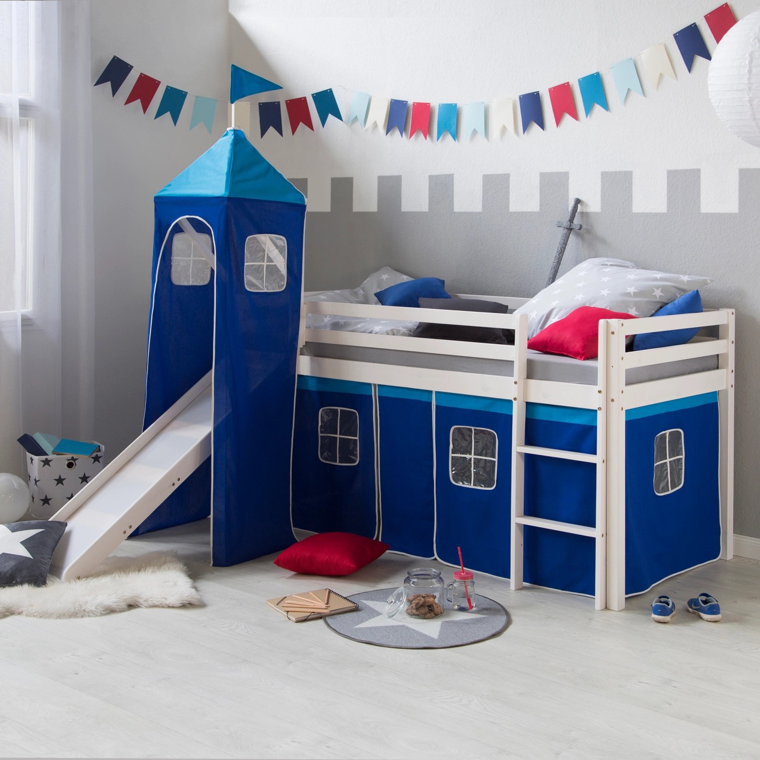 Homestyle4u Hochbett 90x200 Weiß Vorhang Blau 521 günstig online kaufen
