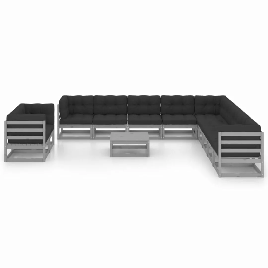 12-tlg. Garten-lounge-set Mit Kissen Grau Kiefer Massivholz günstig online kaufen