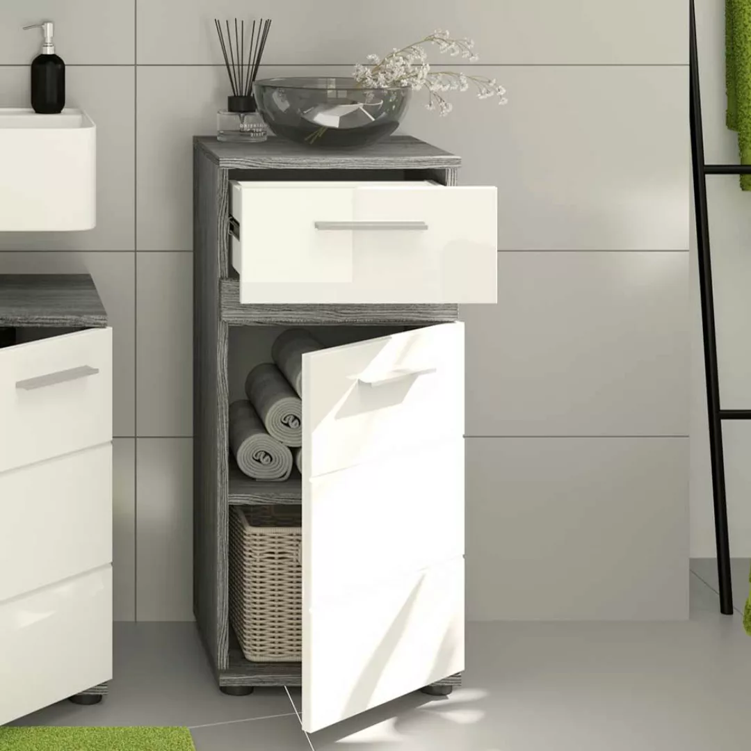 Badezimmerschränkchen in Weiß Hochglanz und Grau 35 cm breit günstig online kaufen