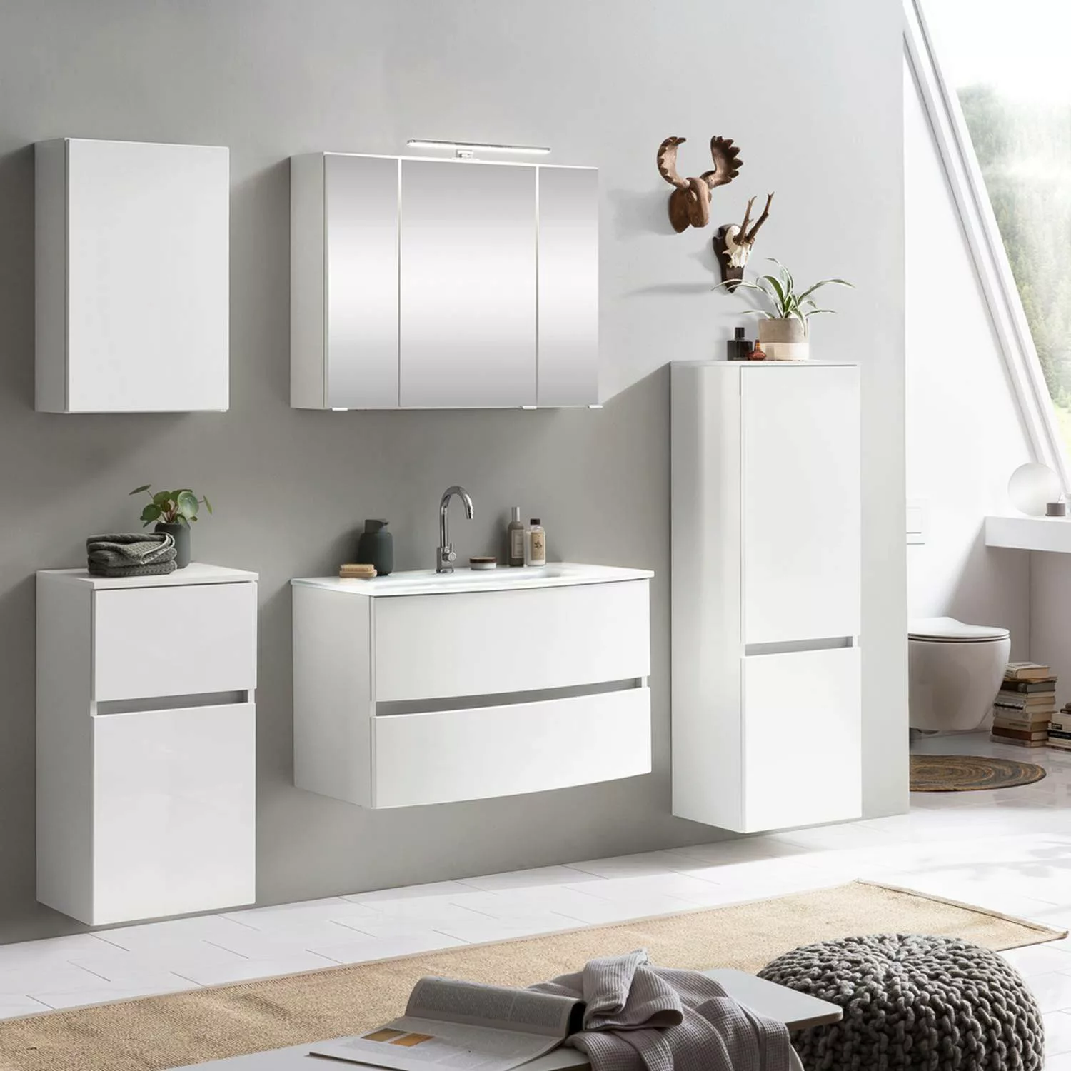 Badmöbel Komplett Set 5-tlg. in matt weiß LAURIA-03 mit Glasbecken weiß, in günstig online kaufen