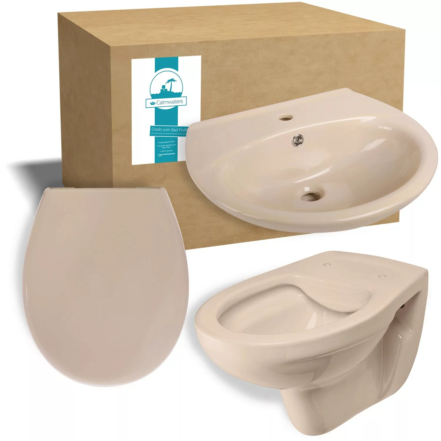 Calmwaters Wand-WC Beige-Bahamabeige Spülrandlos Set WC-Sitz & Waschbecken günstig online kaufen